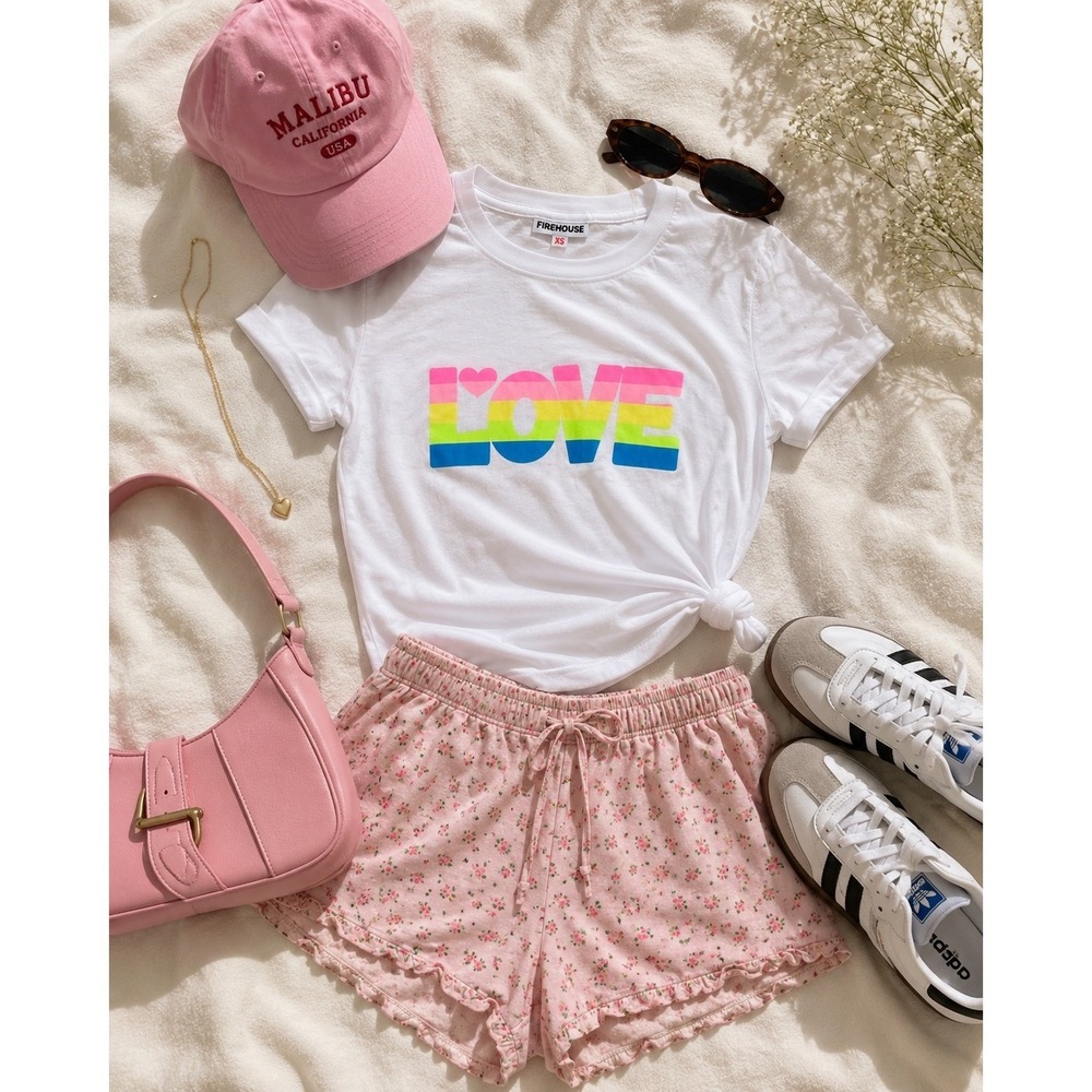 Firehouse Love Graphic T Women XS Y2K Neon Stripe Heart Dopamine DressingNWT